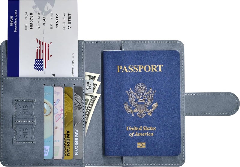 KAOBAN Passport Holder, Passport Cover with Credit Card Slot and Boarding Pass Slot Combo, Passport Wallet Case Book Travel Must Have, RFID Blocking Leather Travel Accessories, Navy Grey - Image 5